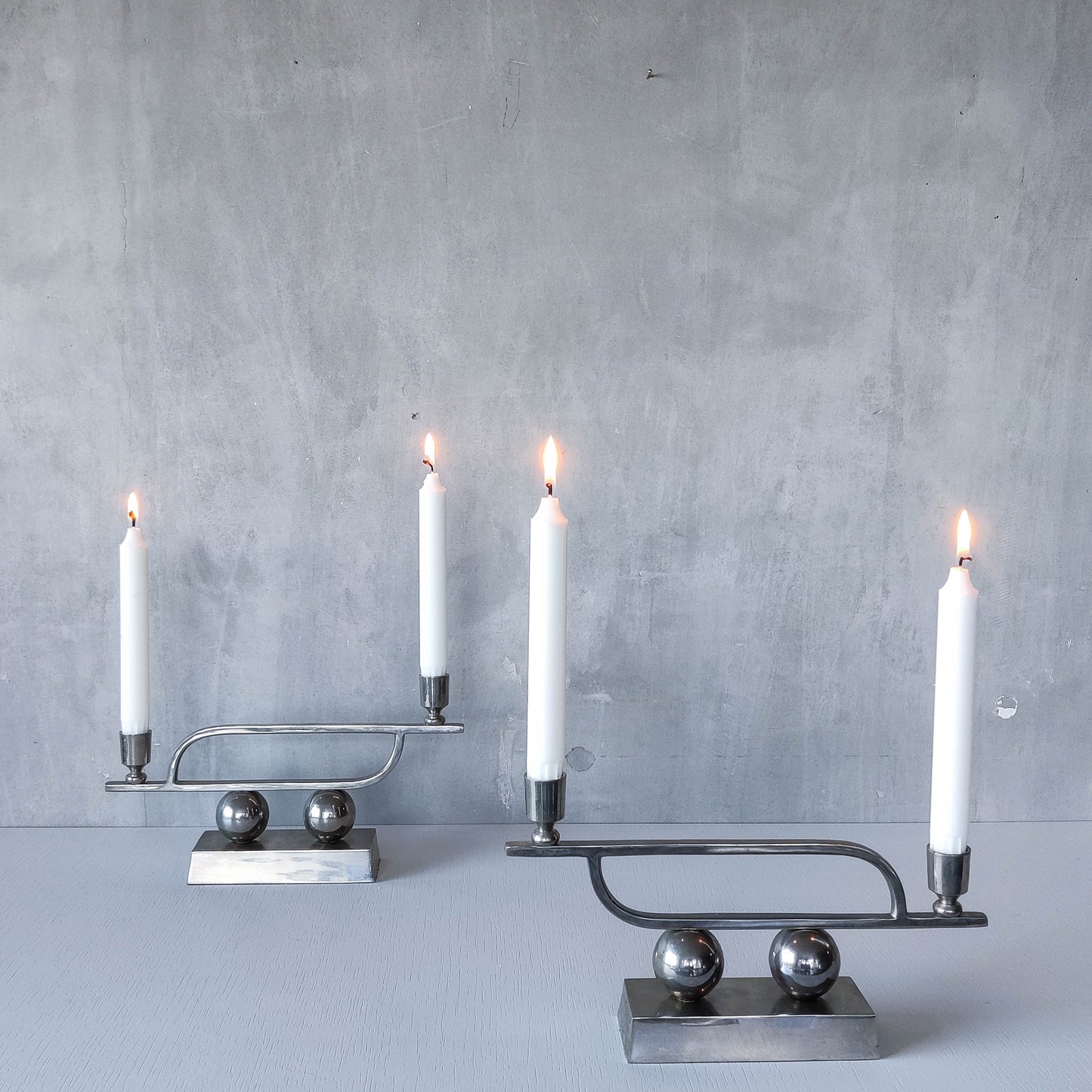 Pair of vintage Art Deco style chrome silver metal candelabras