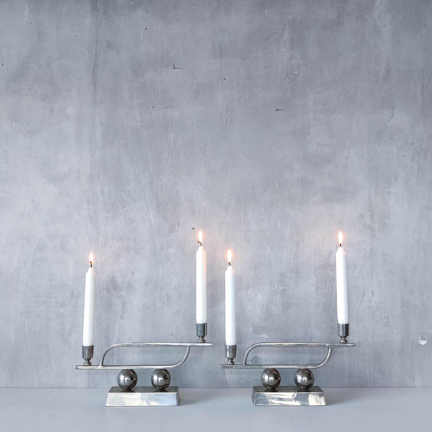 Pair of vintage Art Deco style chrome silver metal candelabras