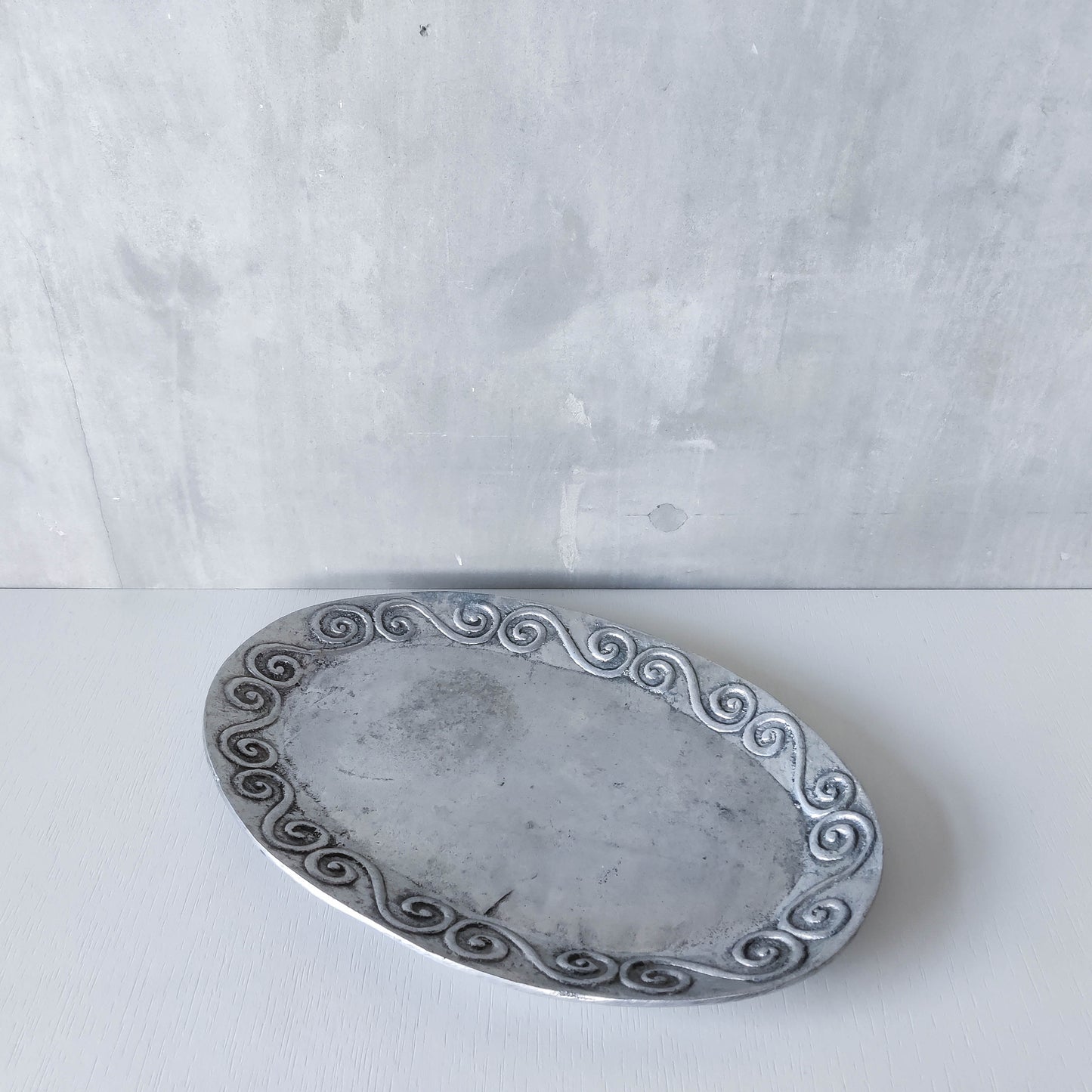 1990s hand cast aluminium silver metal scroll spiral platter centrepiece