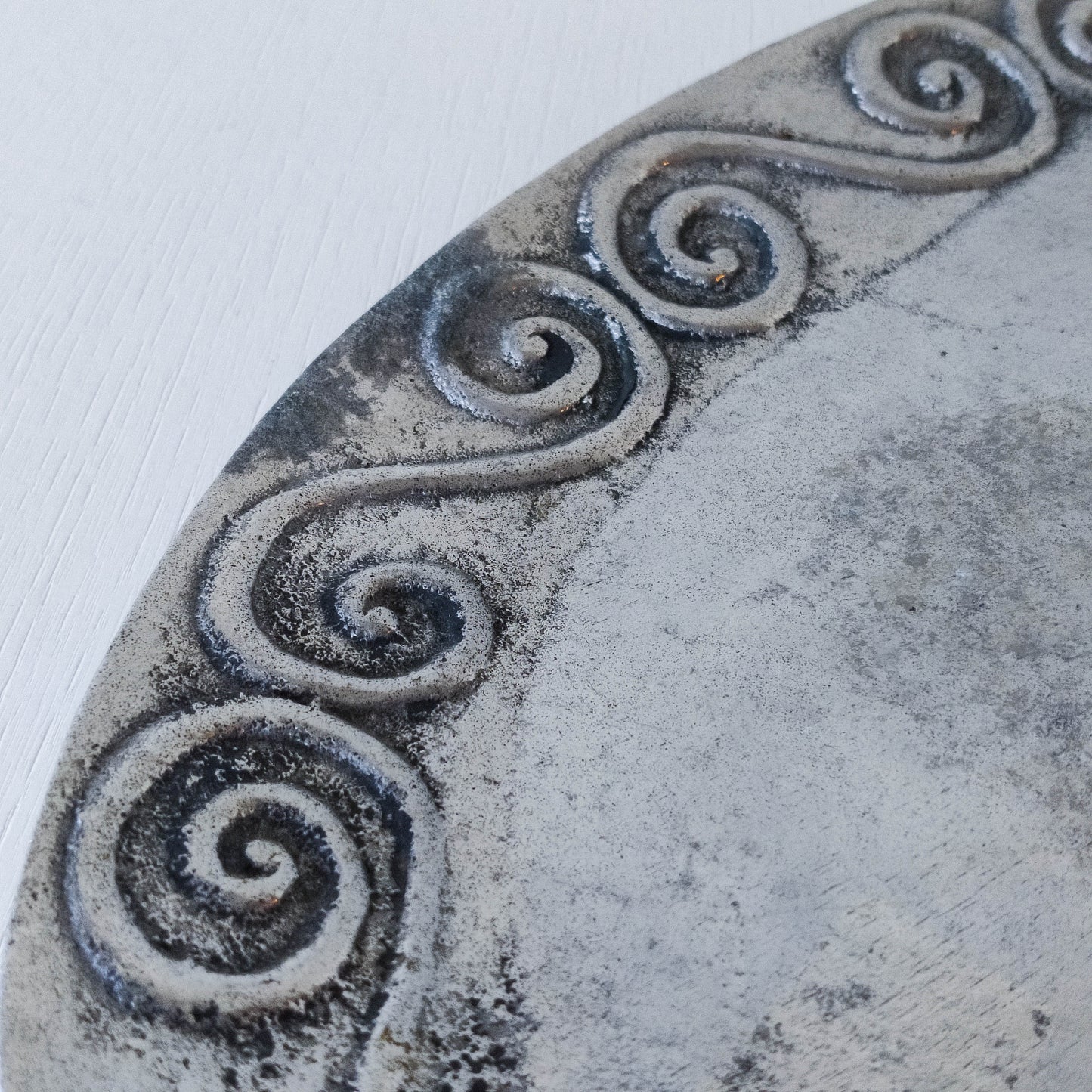 1990s hand cast aluminium silver metal scroll spiral platter centrepiece