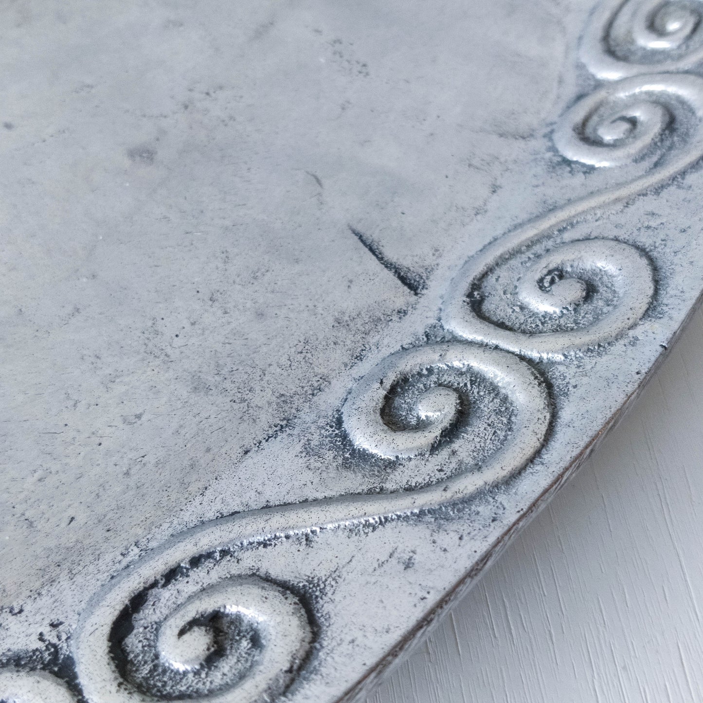 1990s hand cast aluminium silver metal scroll spiral platter centrepiece