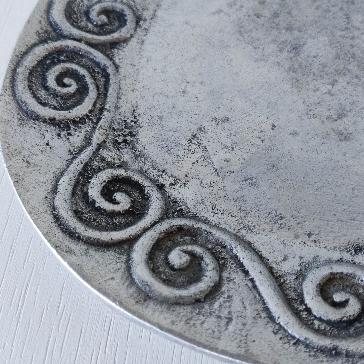 1990s hand cast aluminium silver metal scroll spiral platter centrepiece