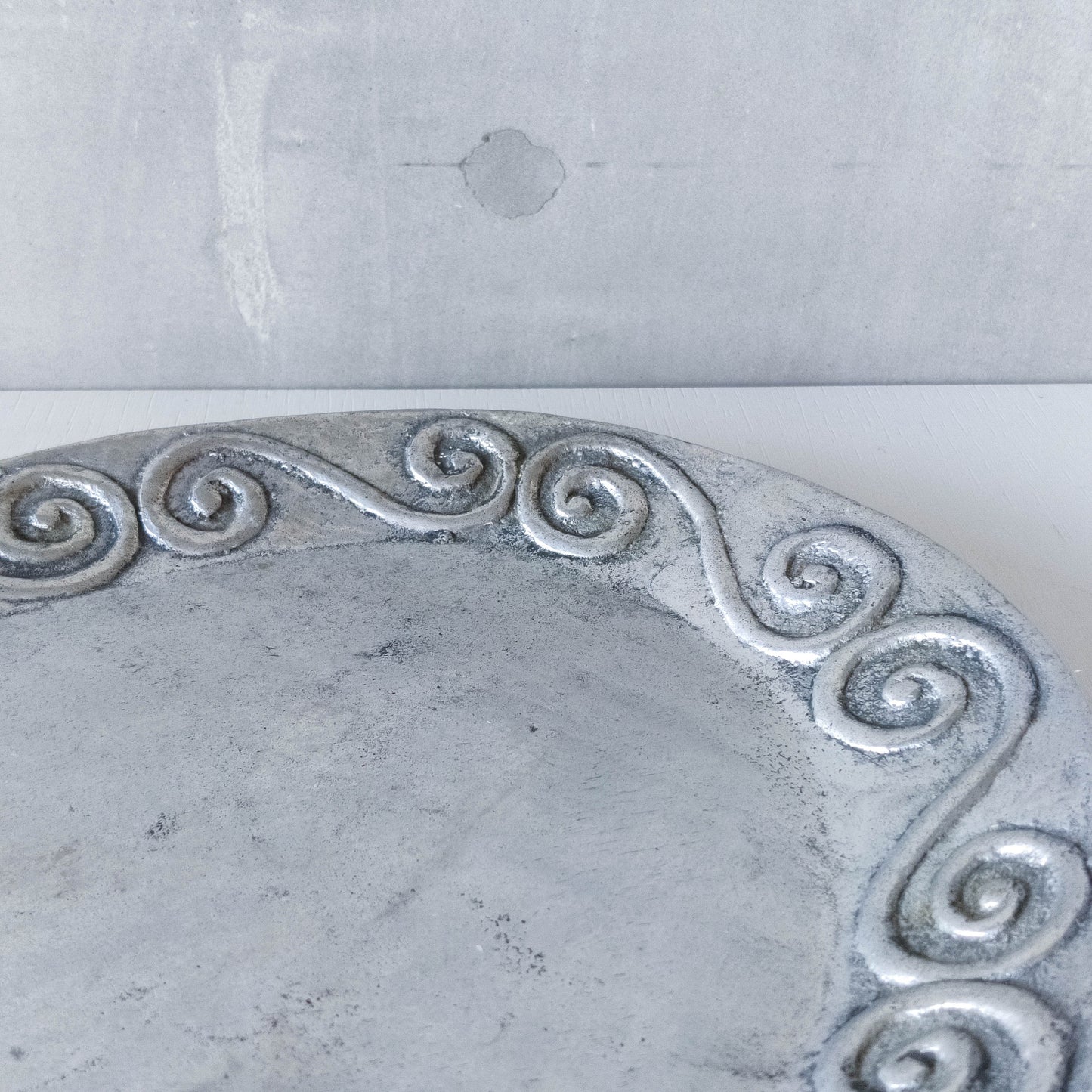 1990s hand cast aluminium silver metal scroll spiral platter centrepiece