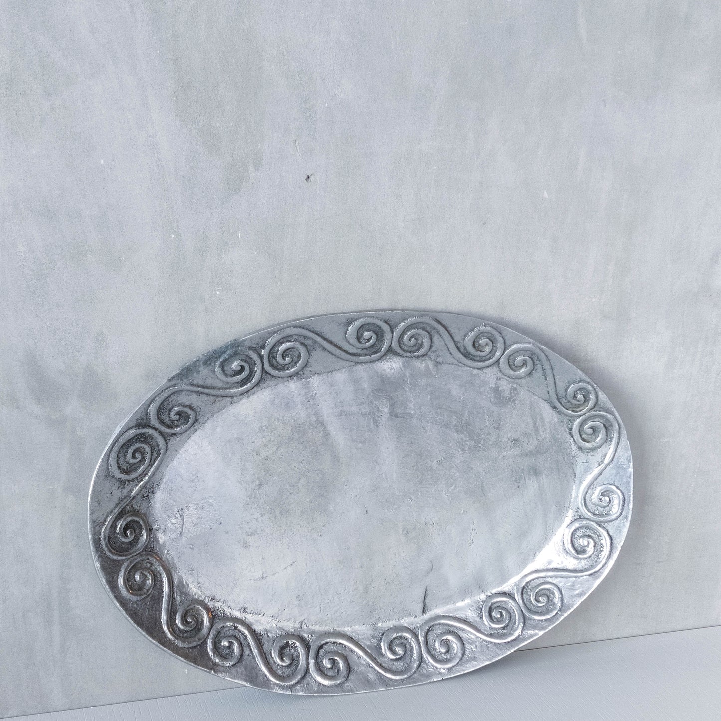1990s hand cast aluminium silver metal scroll spiral platter centrepiece