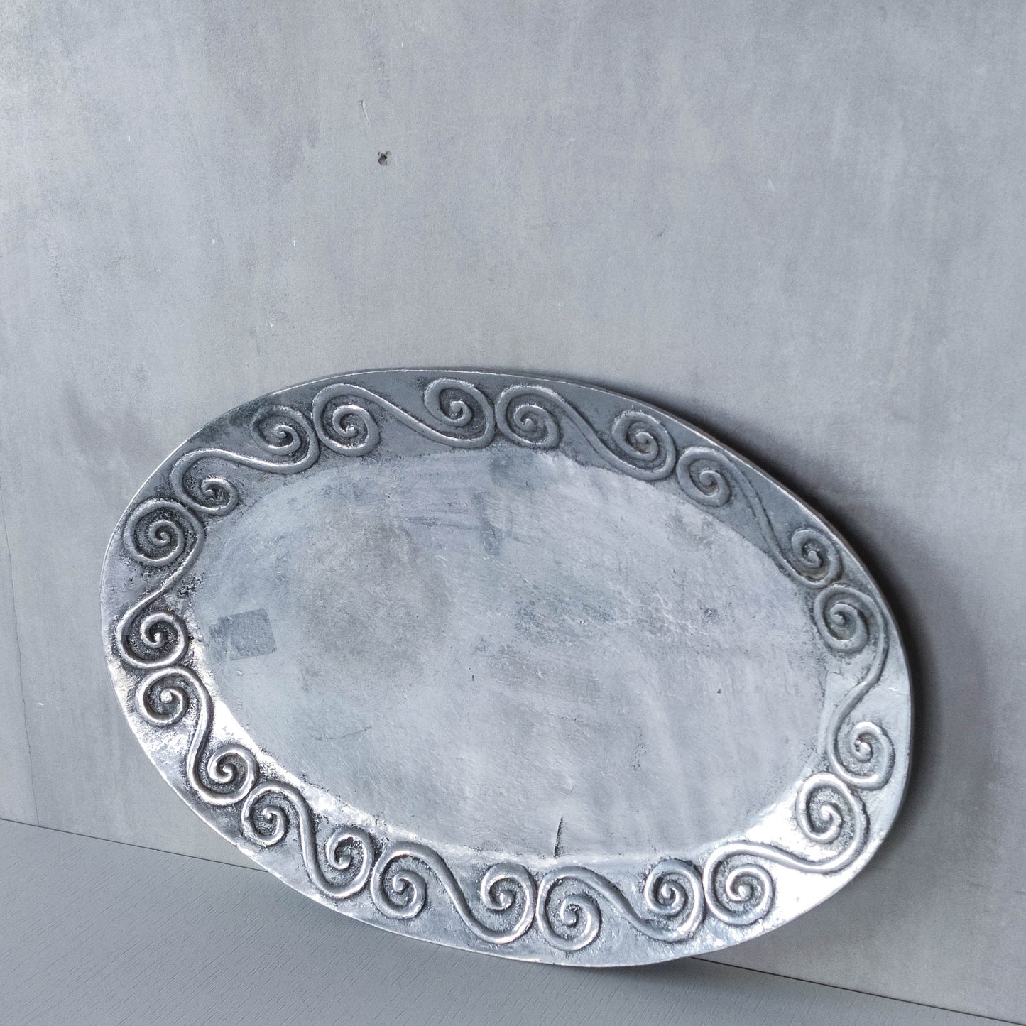 1990s hand cast aluminium silver metal scroll spiral platter centrepiece