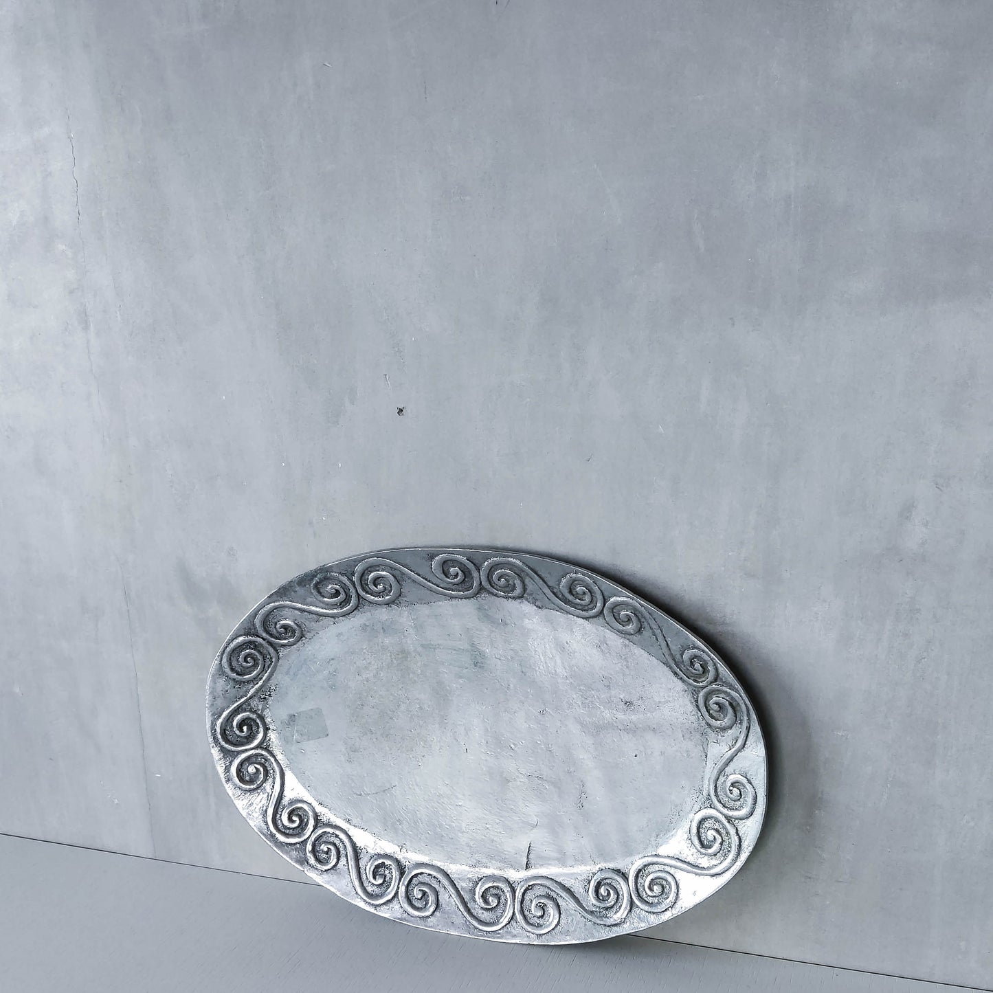 1990s hand cast aluminium silver metal scroll spiral platter centrepiece