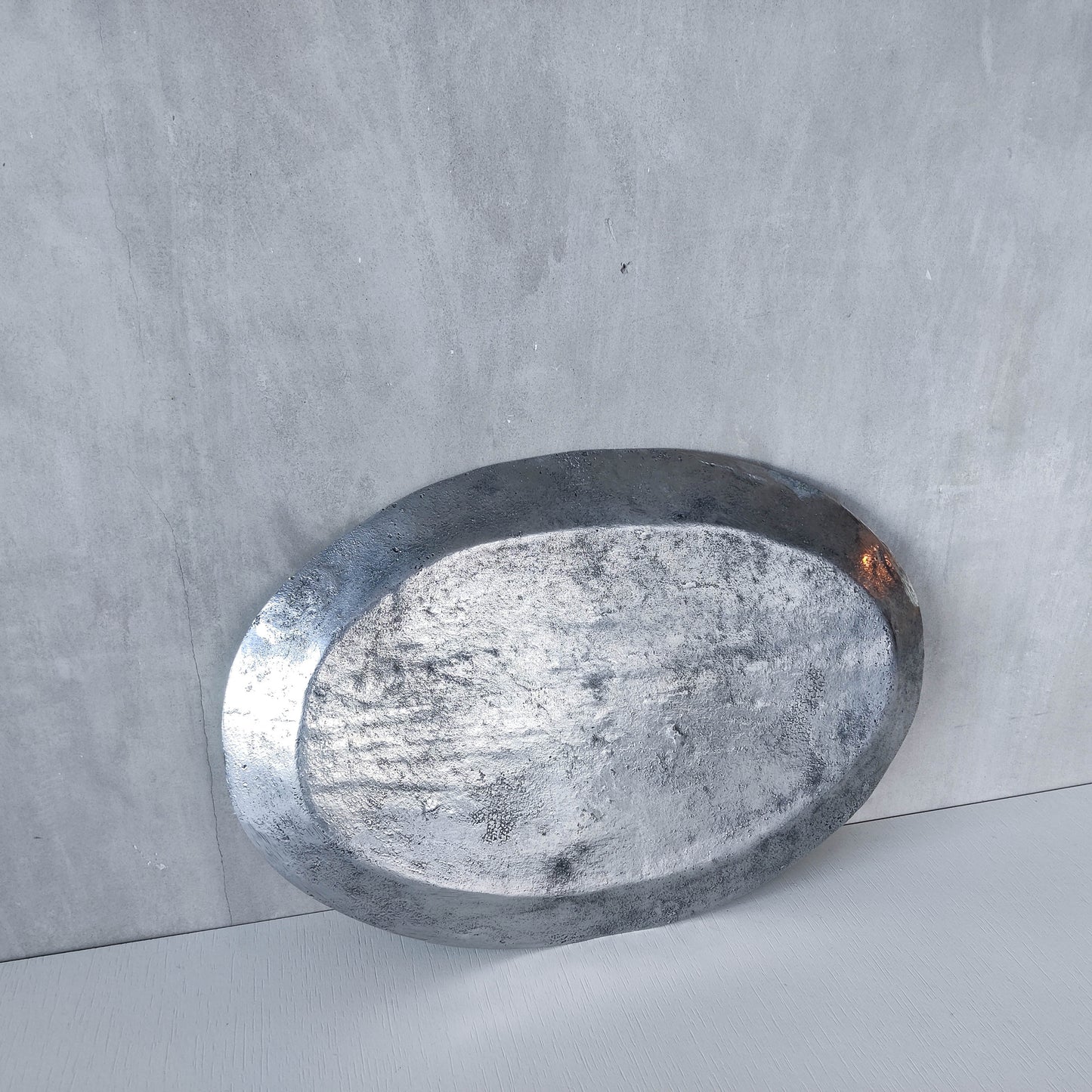 1990s hand cast aluminium silver metal scroll spiral platter centrepiece