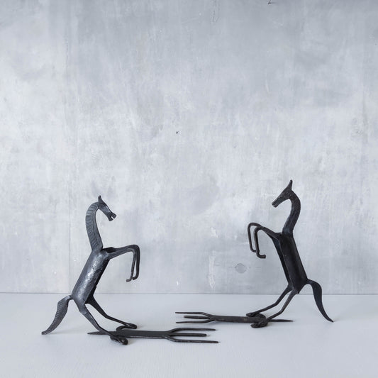 Vintage brutalist pair of hand forged patinated steel horses bookends sculptures