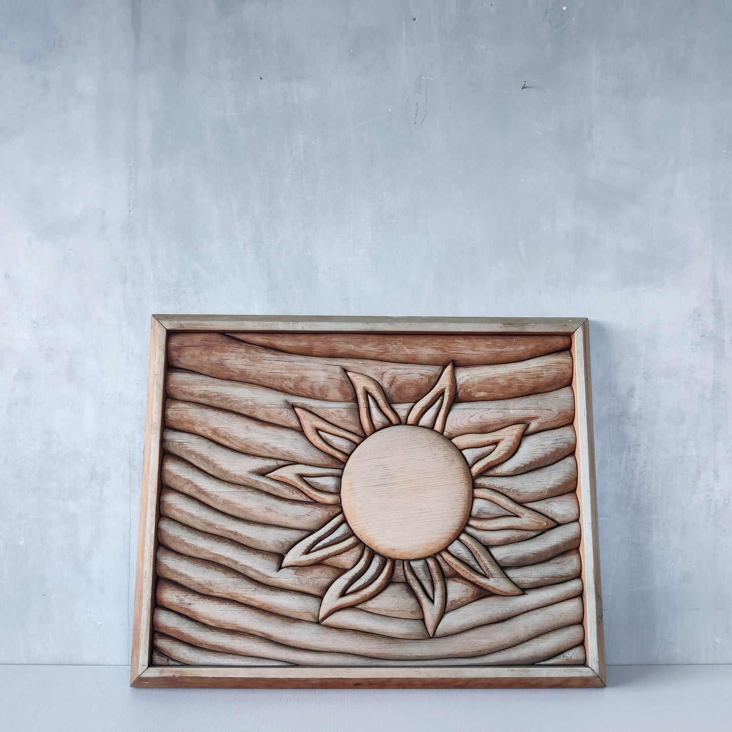 Vintage carved pieced wood wall sculpture relief abstract sun