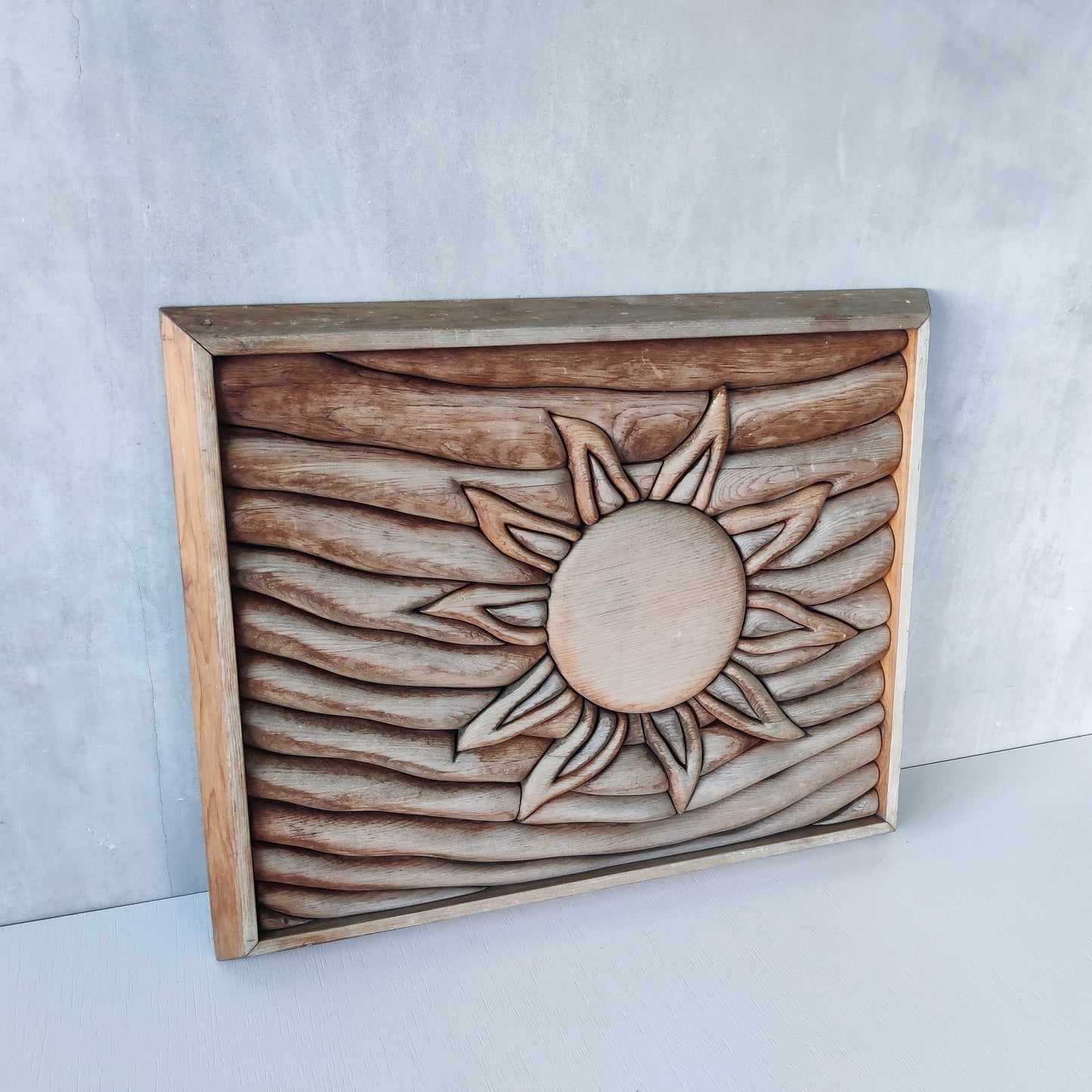 Vintage carved pieced wood wall sculpture relief abstract sun