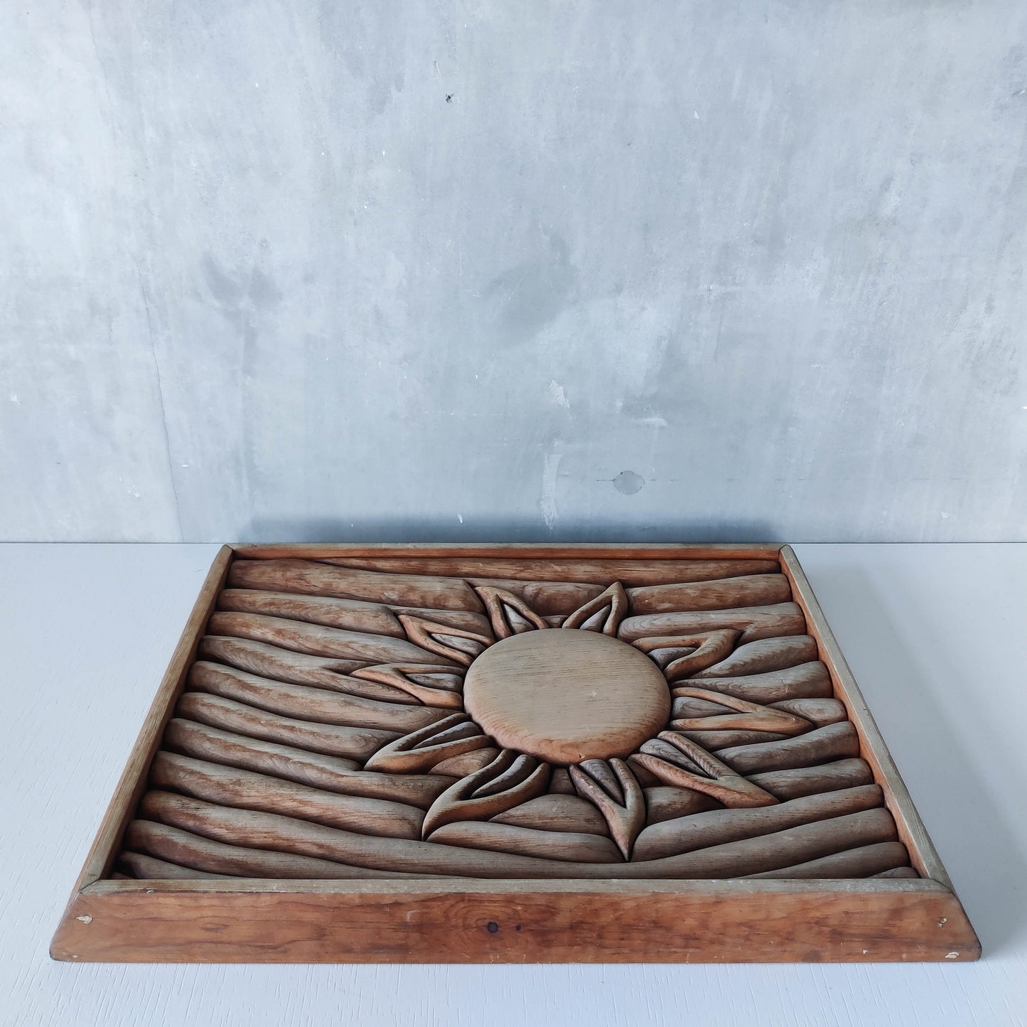 Vintage carved pieced wood wall sculpture relief abstract sun