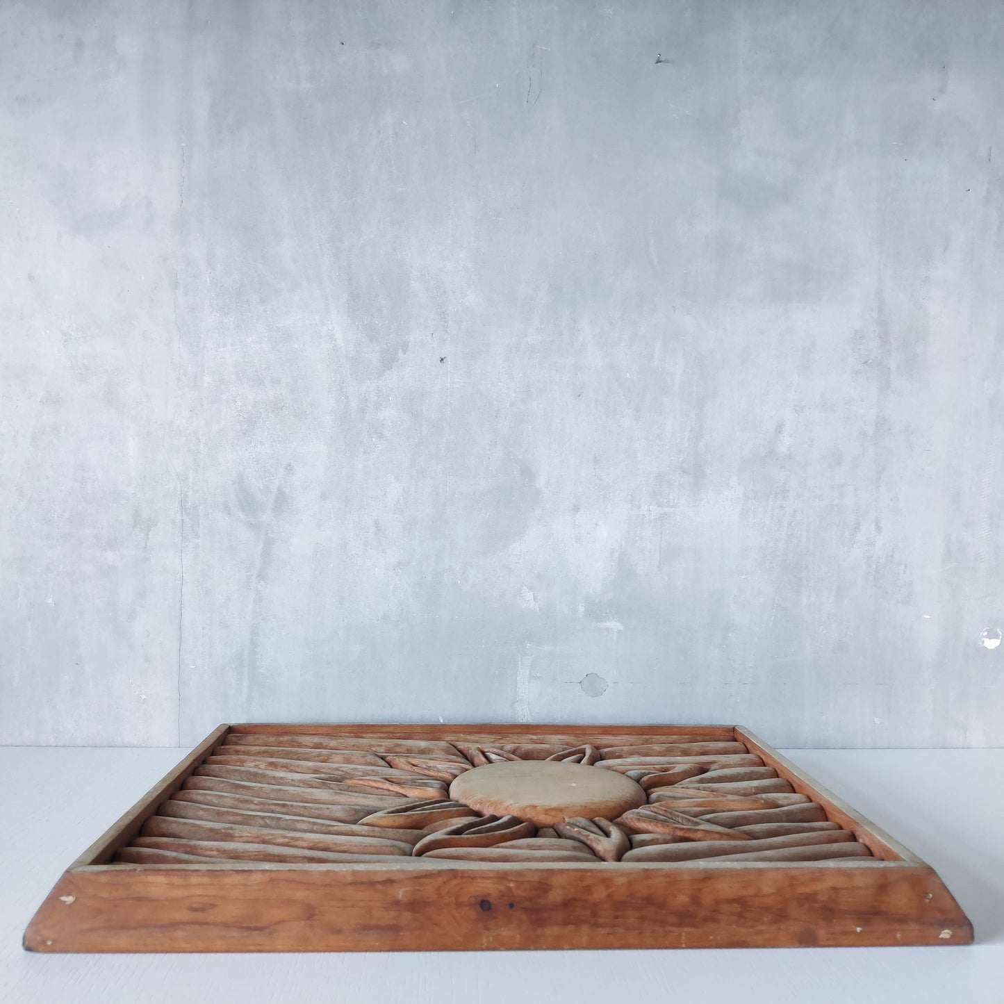 Vintage carved pieced wood wall sculpture relief abstract sun