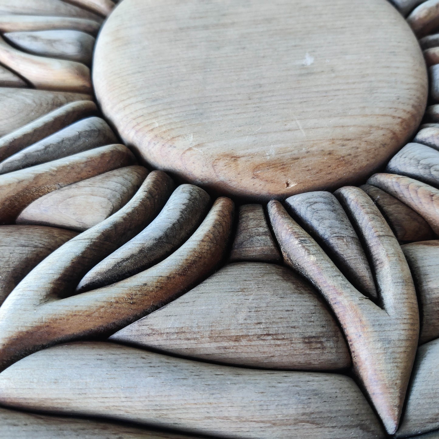 Vintage carved pieced wood wall sculpture relief abstract sun