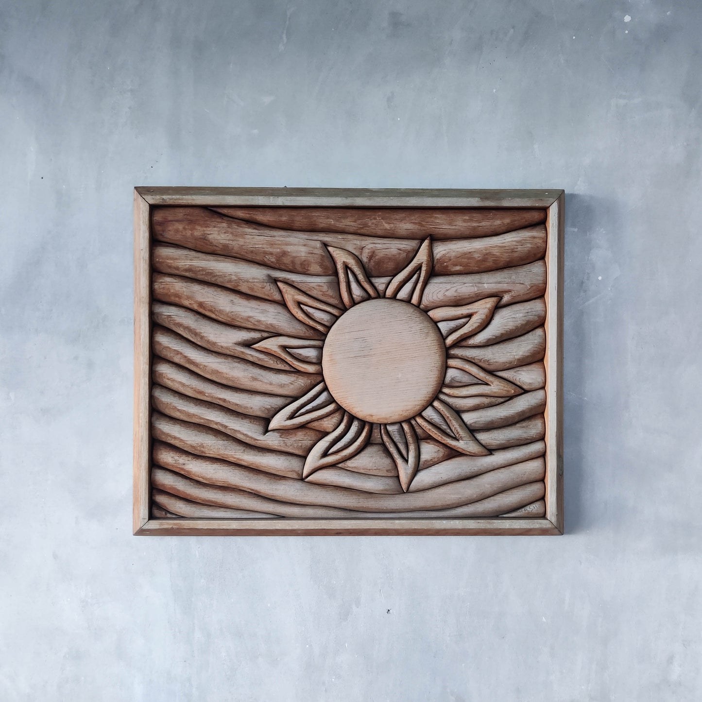 Vintage carved pieced wood wall sculpture relief abstract sun