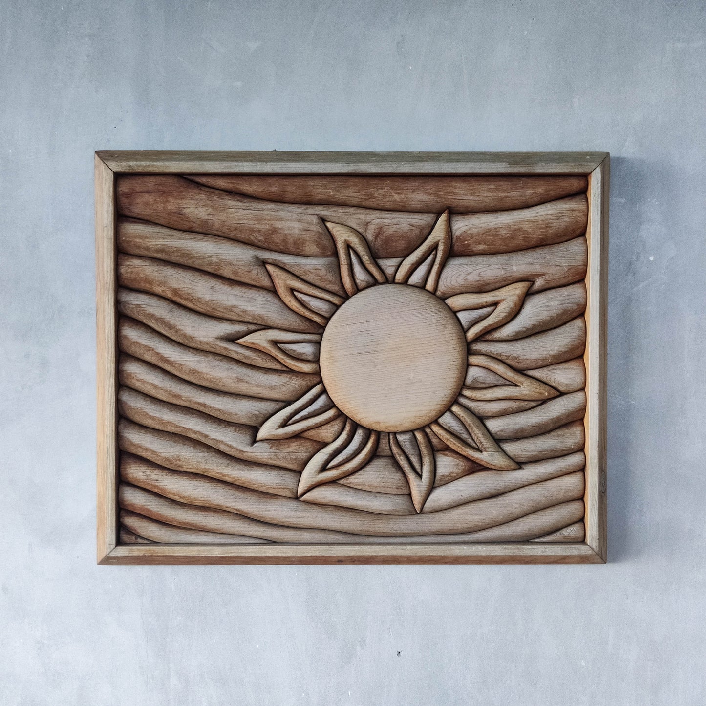 Vintage carved pieced wood wall sculpture relief abstract sun