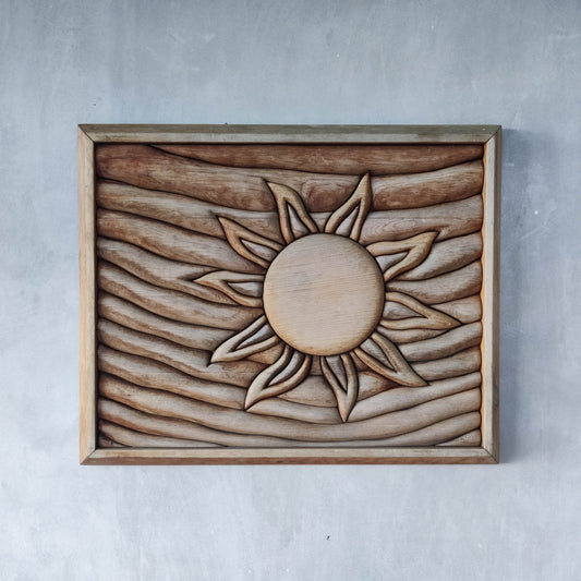 Vintage carved pieced wood wall sculpture relief abstract sun