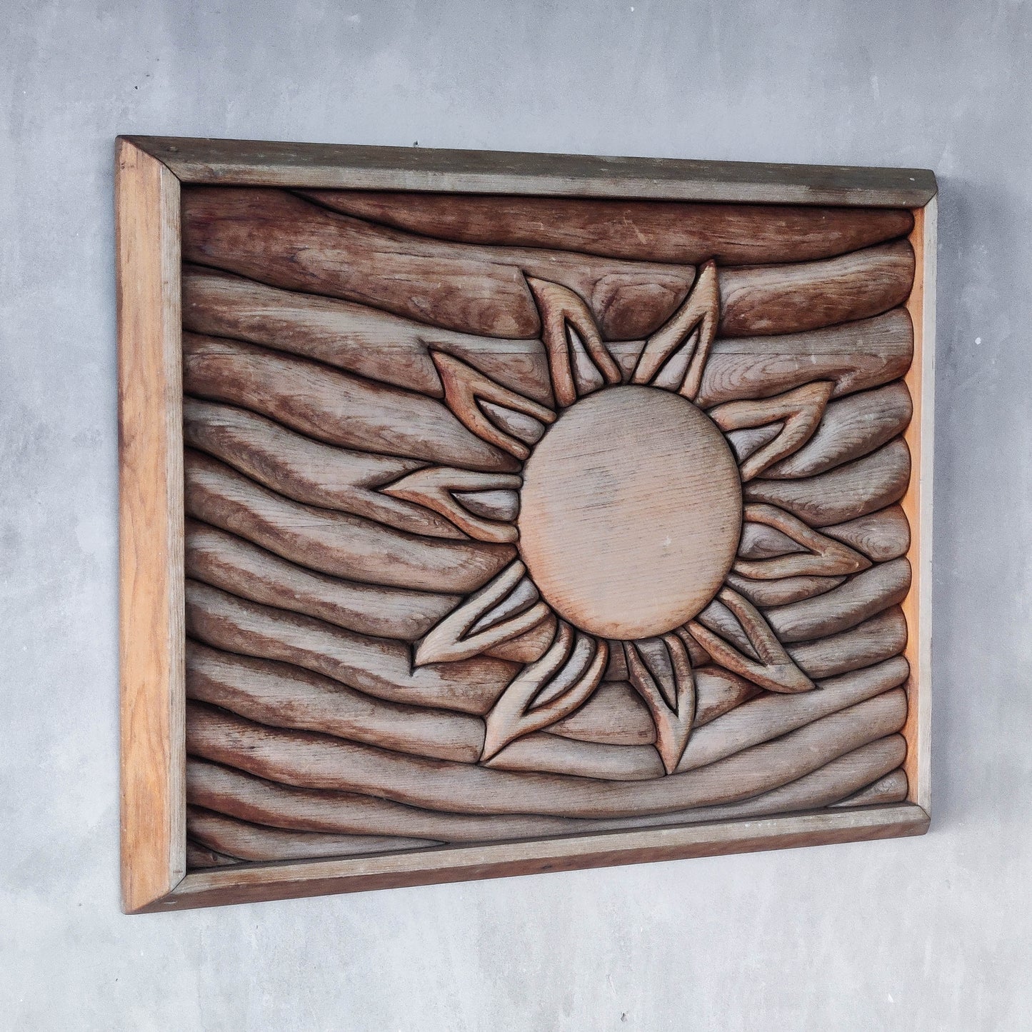 Vintage carved pieced wood wall sculpture relief abstract sun