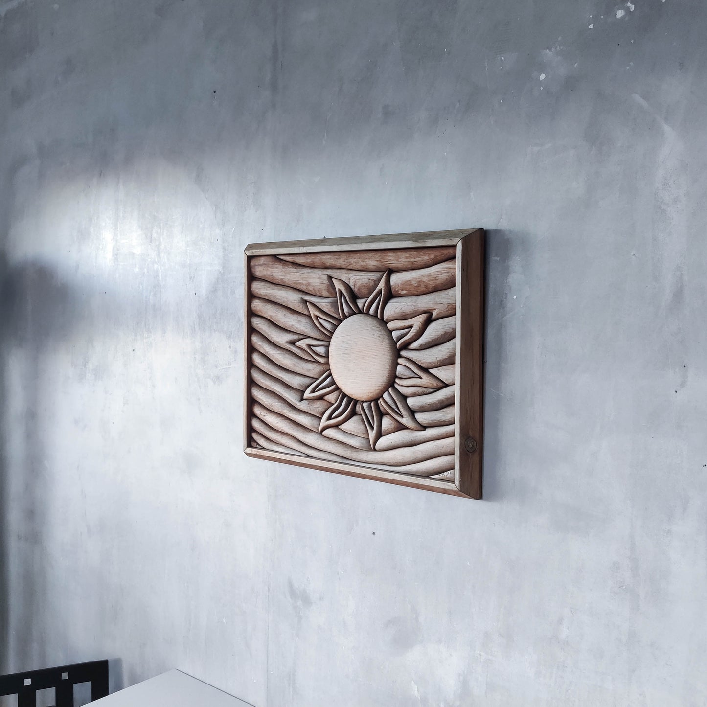 Vintage carved pieced wood wall sculpture relief abstract sun