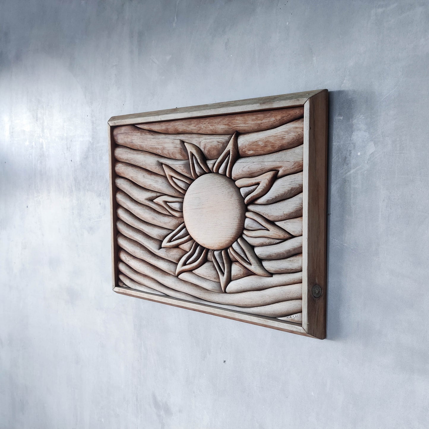 Vintage carved pieced wood wall sculpture relief abstract sun