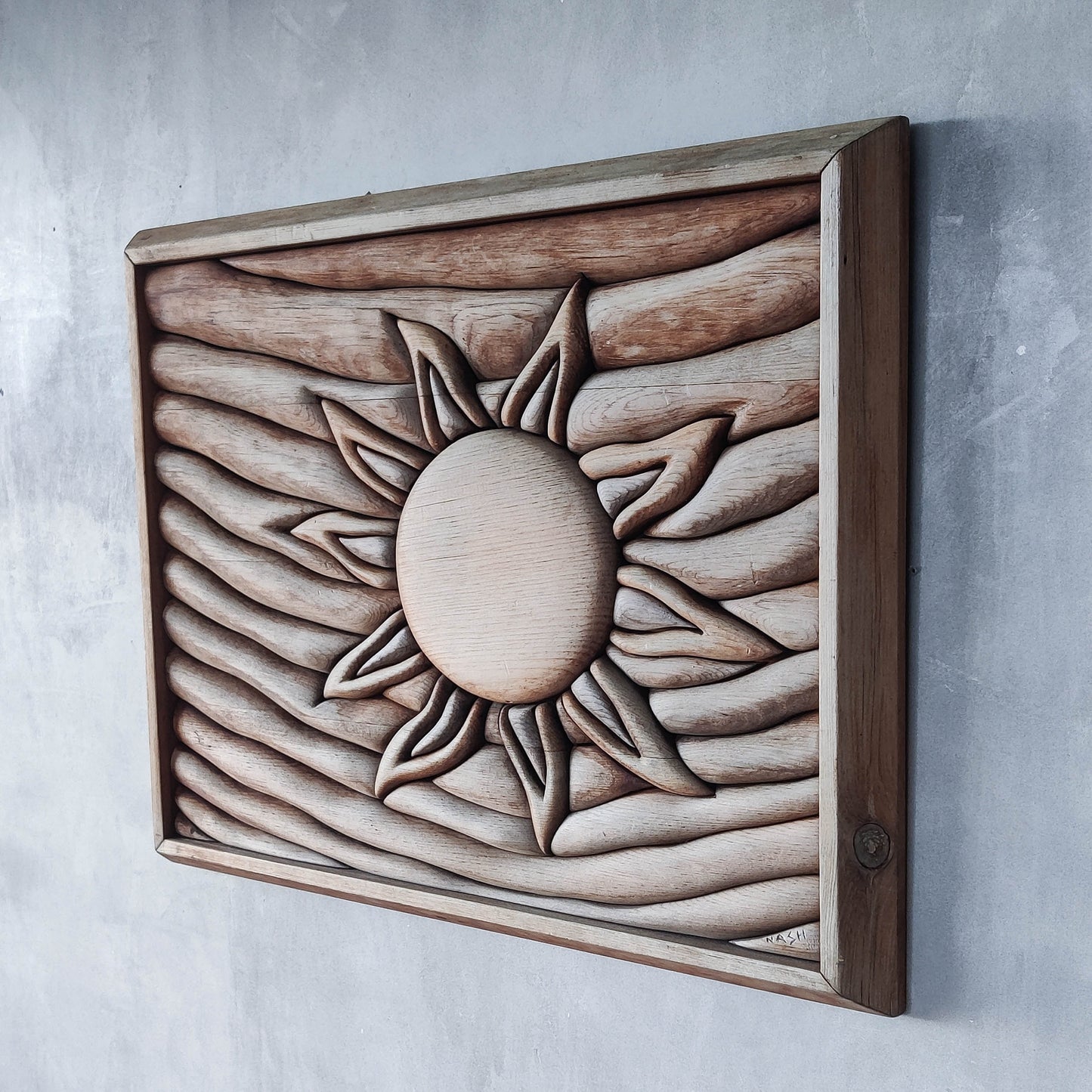 Vintage carved pieced wood wall sculpture relief abstract sun