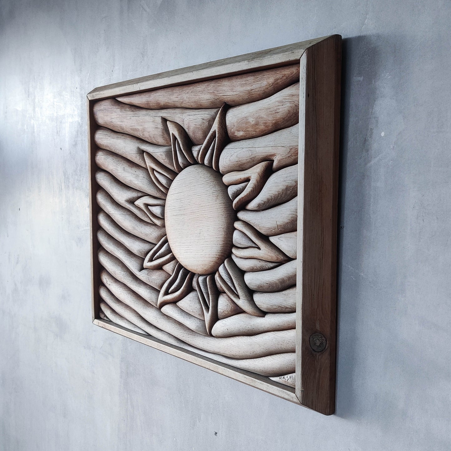 Vintage carved pieced wood wall sculpture relief abstract sun