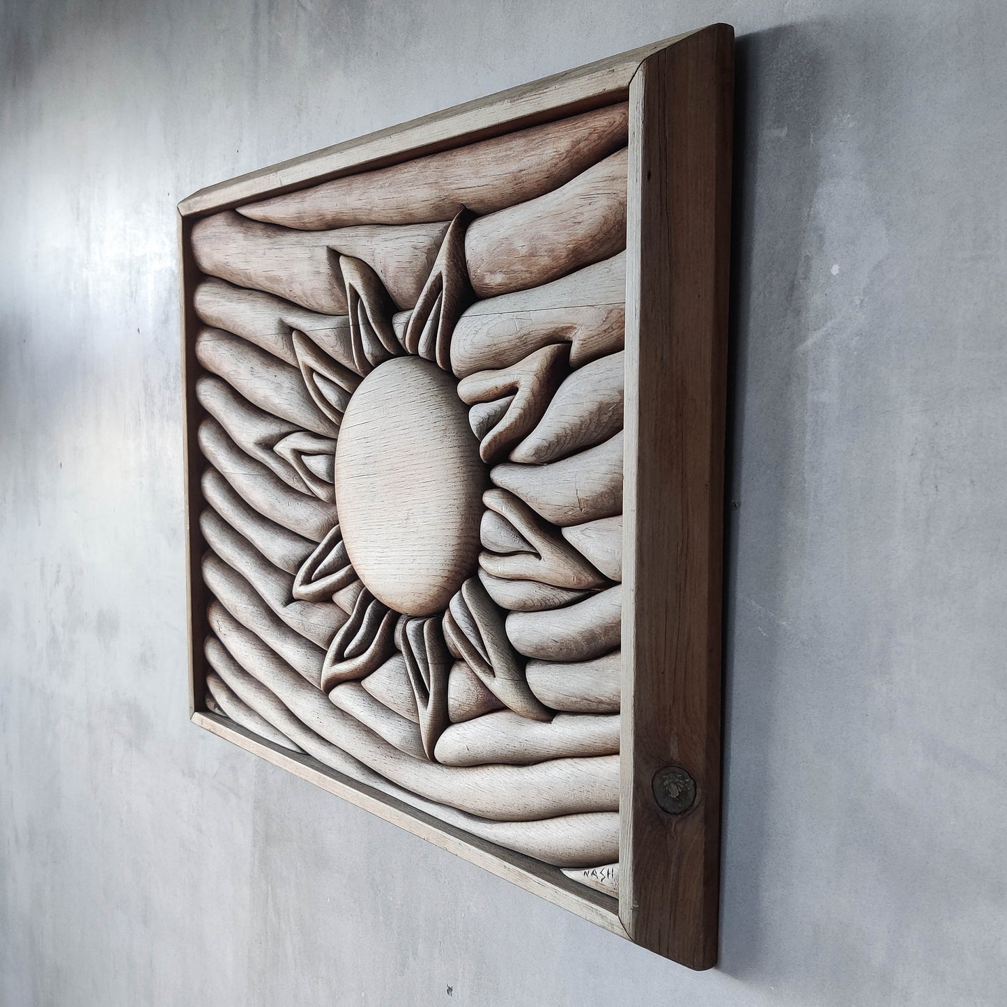 Vintage carved pieced wood wall sculpture relief abstract sun