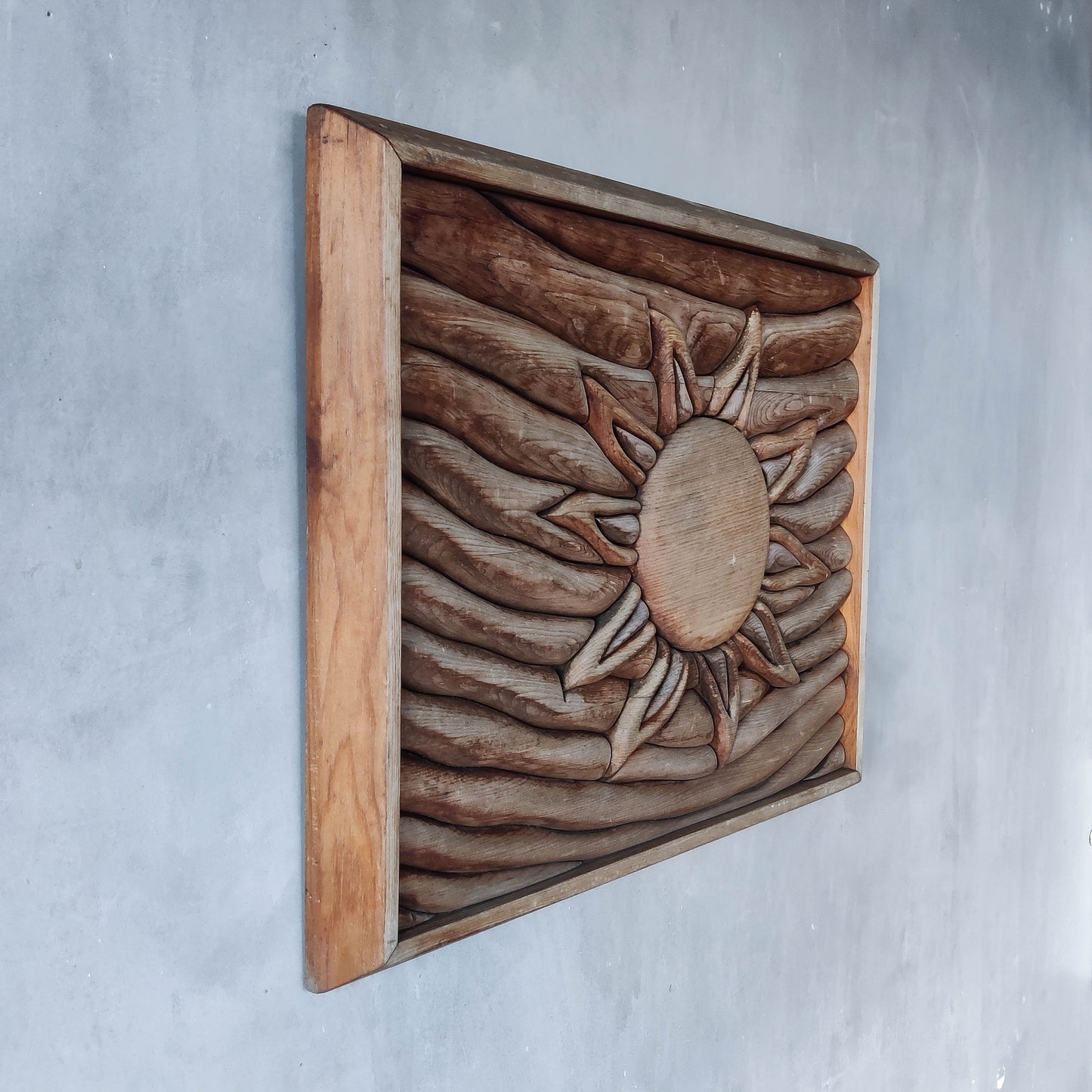 Vintage carved pieced wood wall sculpture relief abstract sun