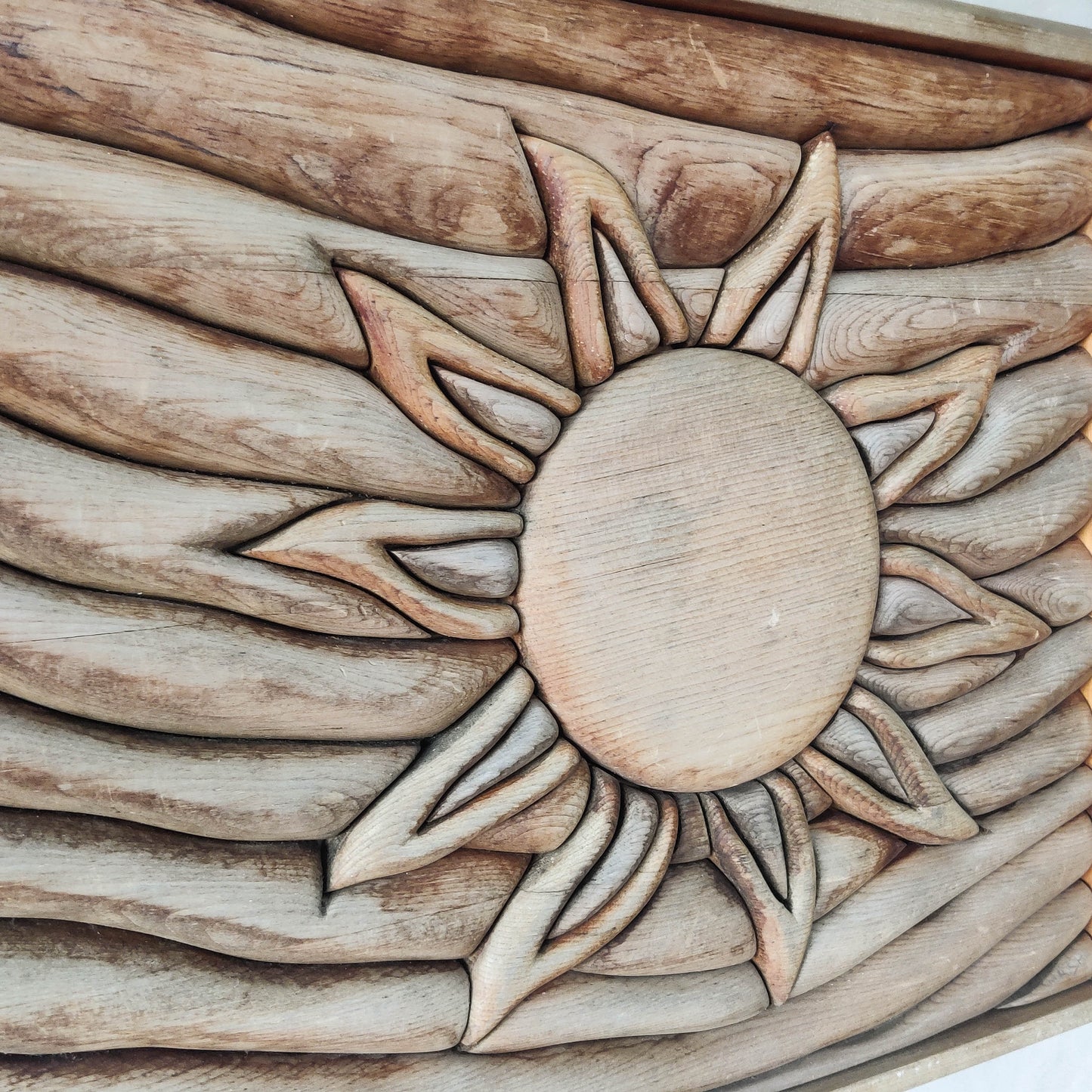 Vintage carved pieced wood wall sculpture relief abstract sun