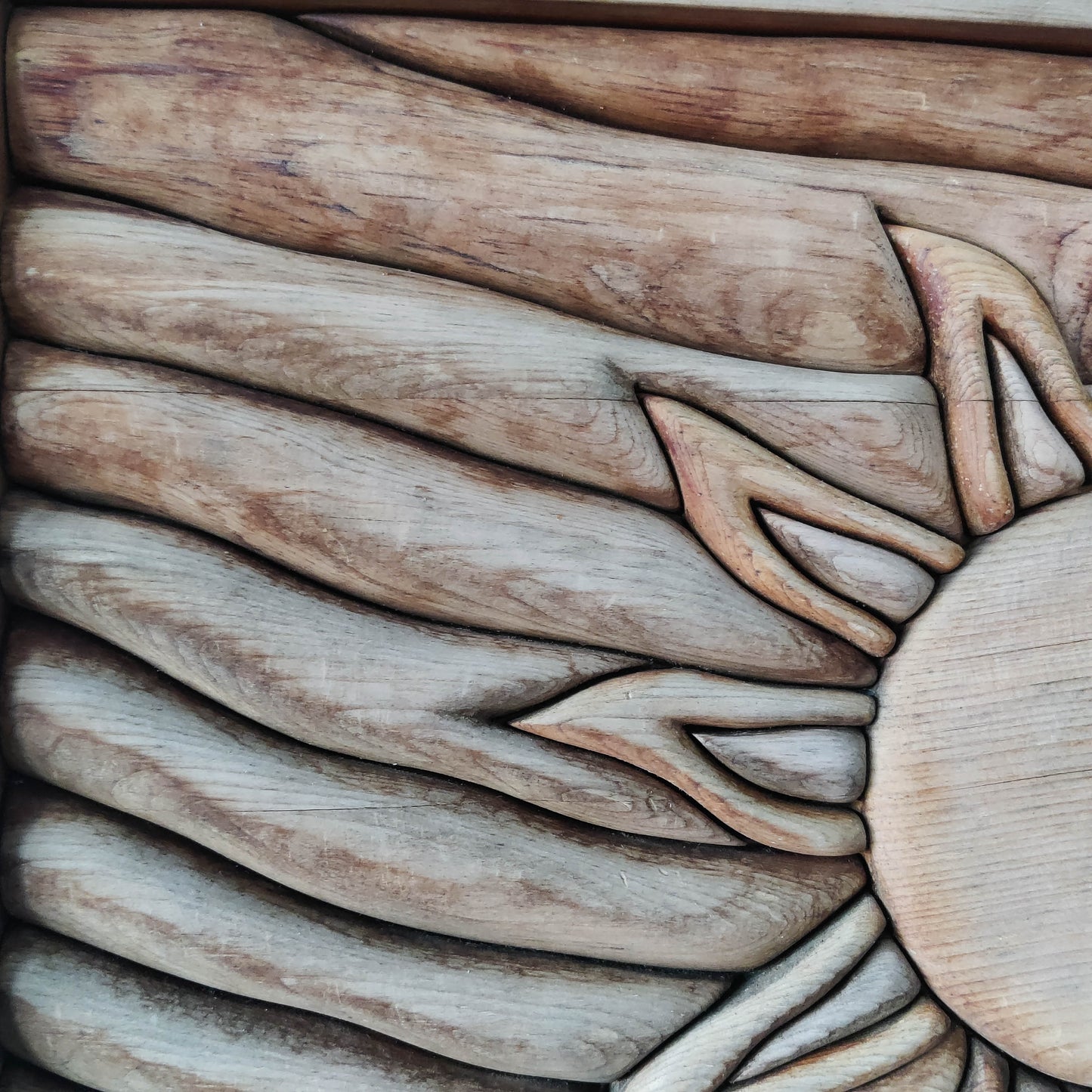 Vintage carved pieced wood wall sculpture relief abstract sun
