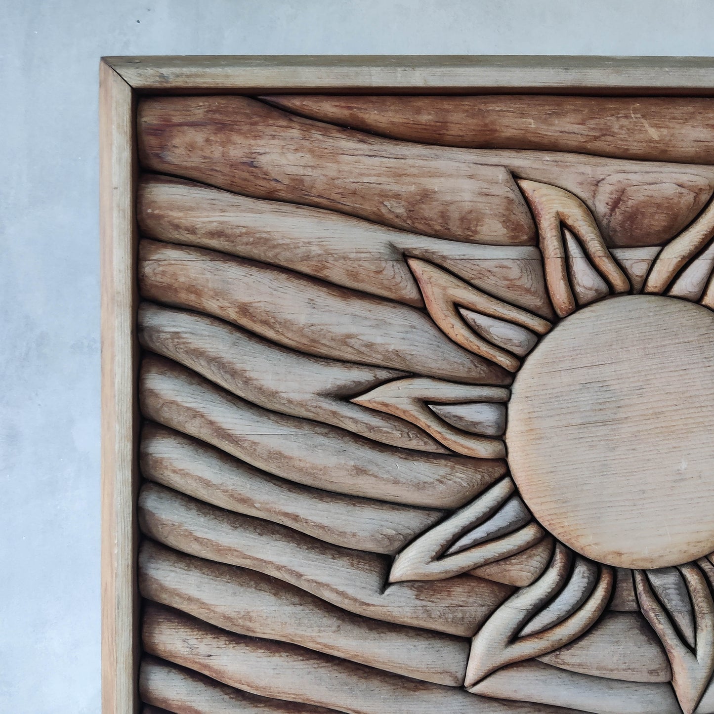 Vintage carved pieced wood wall sculpture relief abstract sun