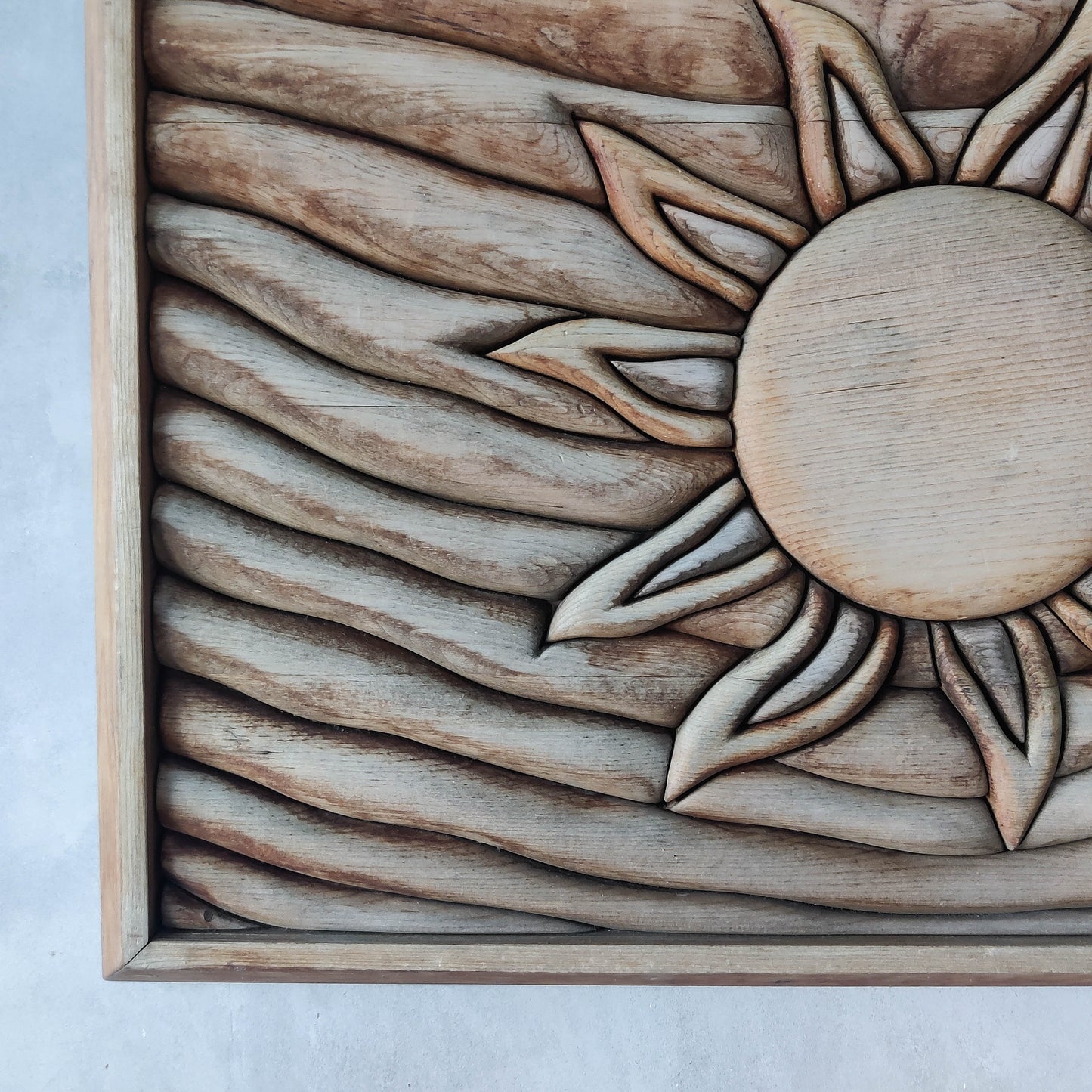 Vintage carved pieced wood wall sculpture relief abstract sun
