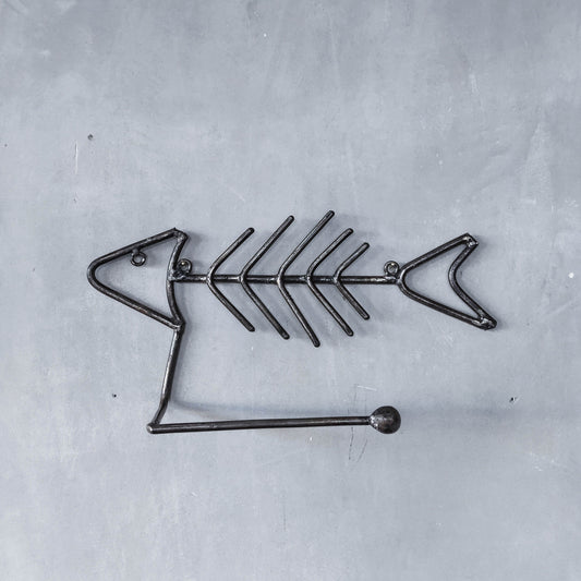 Vintage artisan made metalwork welded steel fish skeleton toilet roll holder