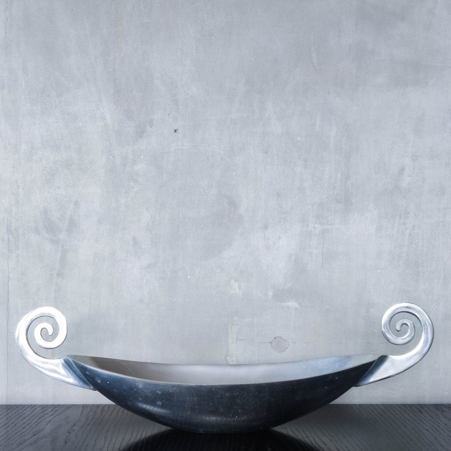 Vintage 1990s large sculptural spiral scroll boat shaped cast aluminium centrepiece bowl