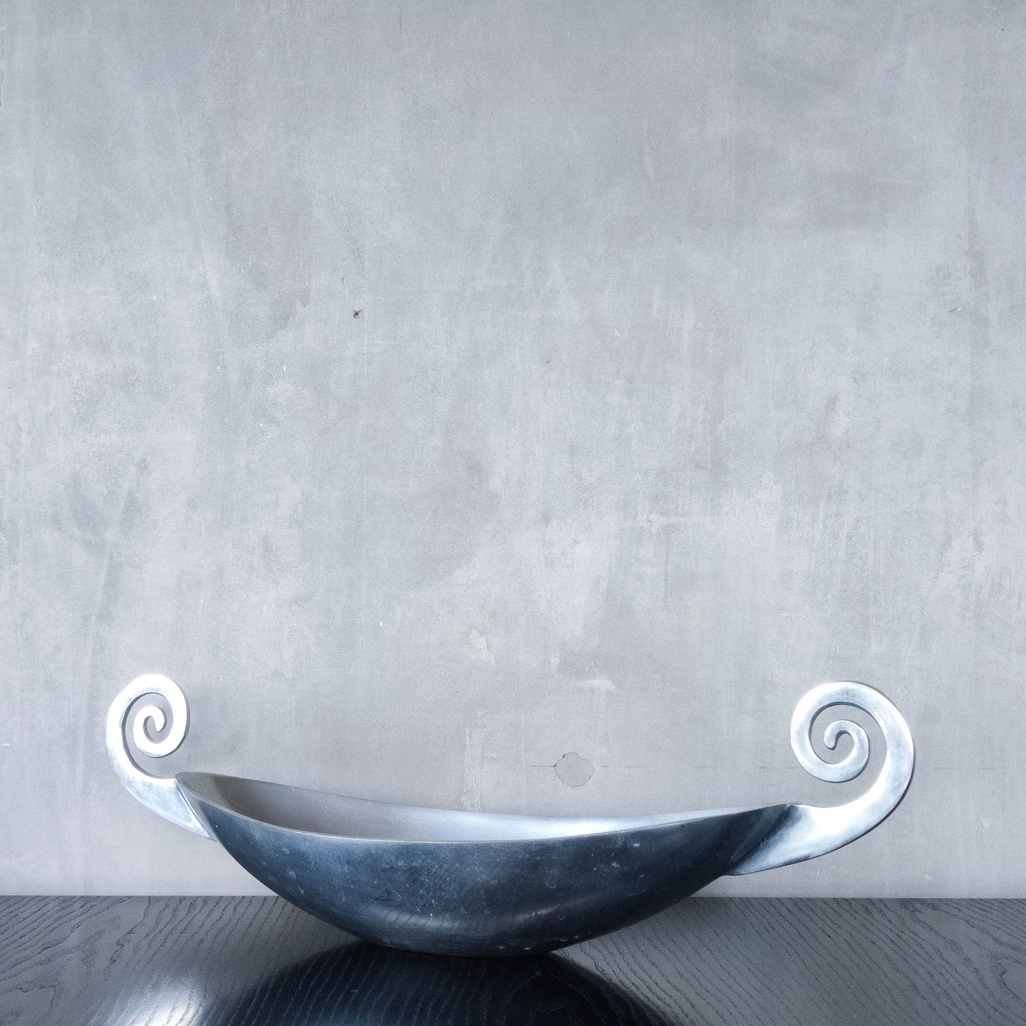 Vintage 1990s large sculptural spiral scroll boat shaped cast aluminium centrepiece bowl