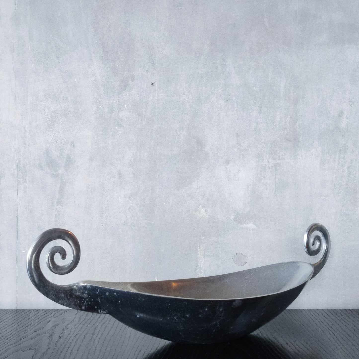 Vintage 1990s large sculptural spiral scroll boat shaped cast aluminium centrepiece bowl