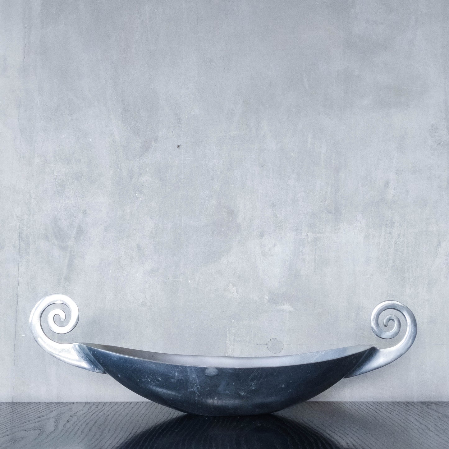 Vintage 1990s large sculptural spiral scroll boat shaped cast aluminium centrepiece bowl