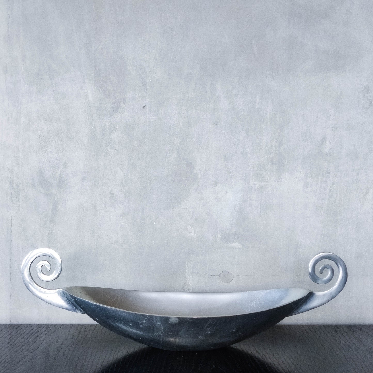 Vintage 1990s large sculptural spiral scroll boat shaped cast aluminium centrepiece bowl