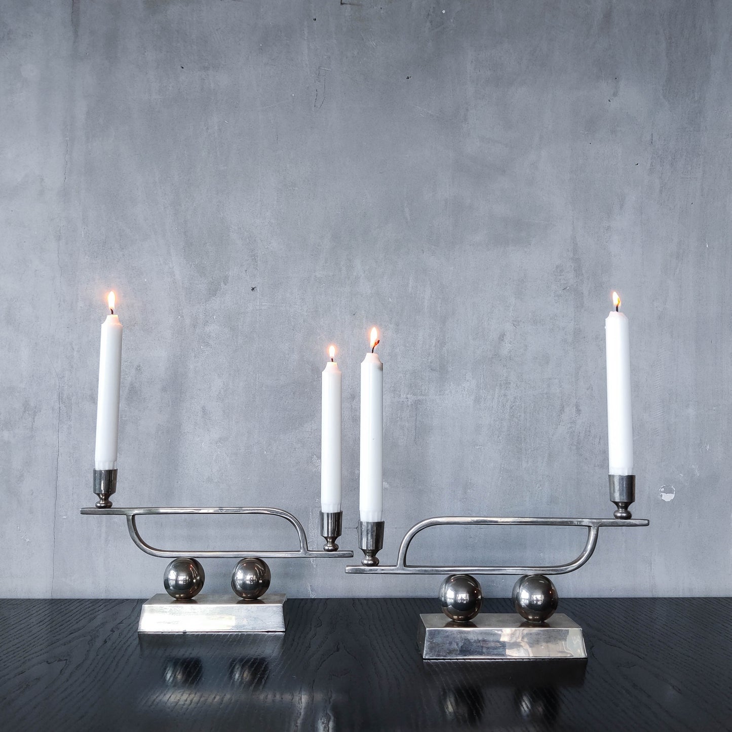 Pair of vintage Art Deco style chrome silver metal candelabras