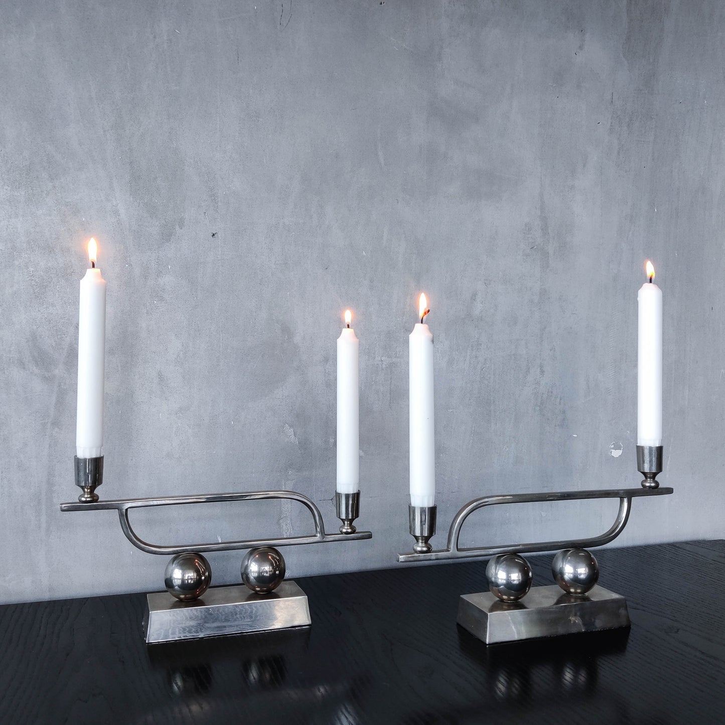 Pair of vintage Art Deco style chrome silver metal candelabras