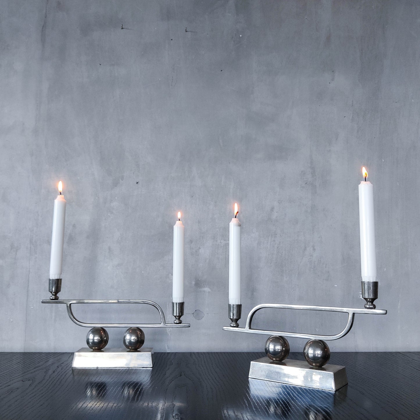 Pair of vintage Art Deco style chrome silver metal candelabras