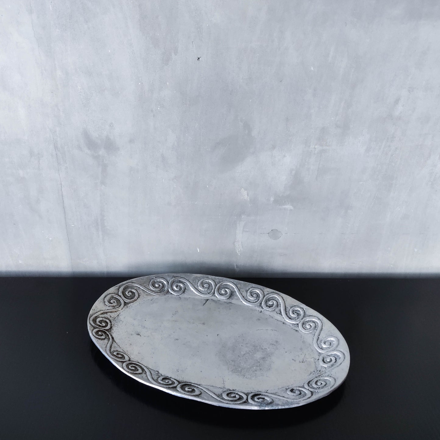 1990s hand cast aluminium silver metal scroll spiral platter centrepiece