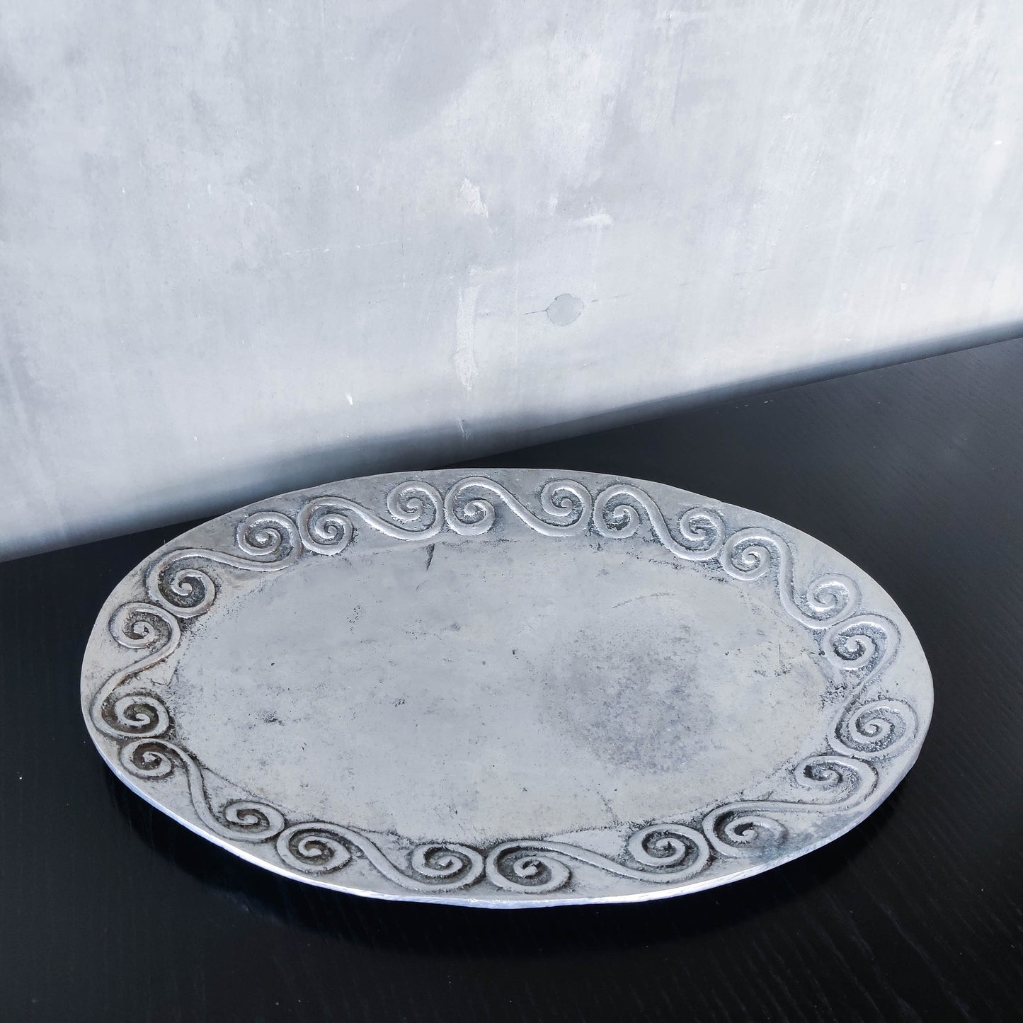 1990s hand cast aluminium silver metal scroll spiral platter centrepiece