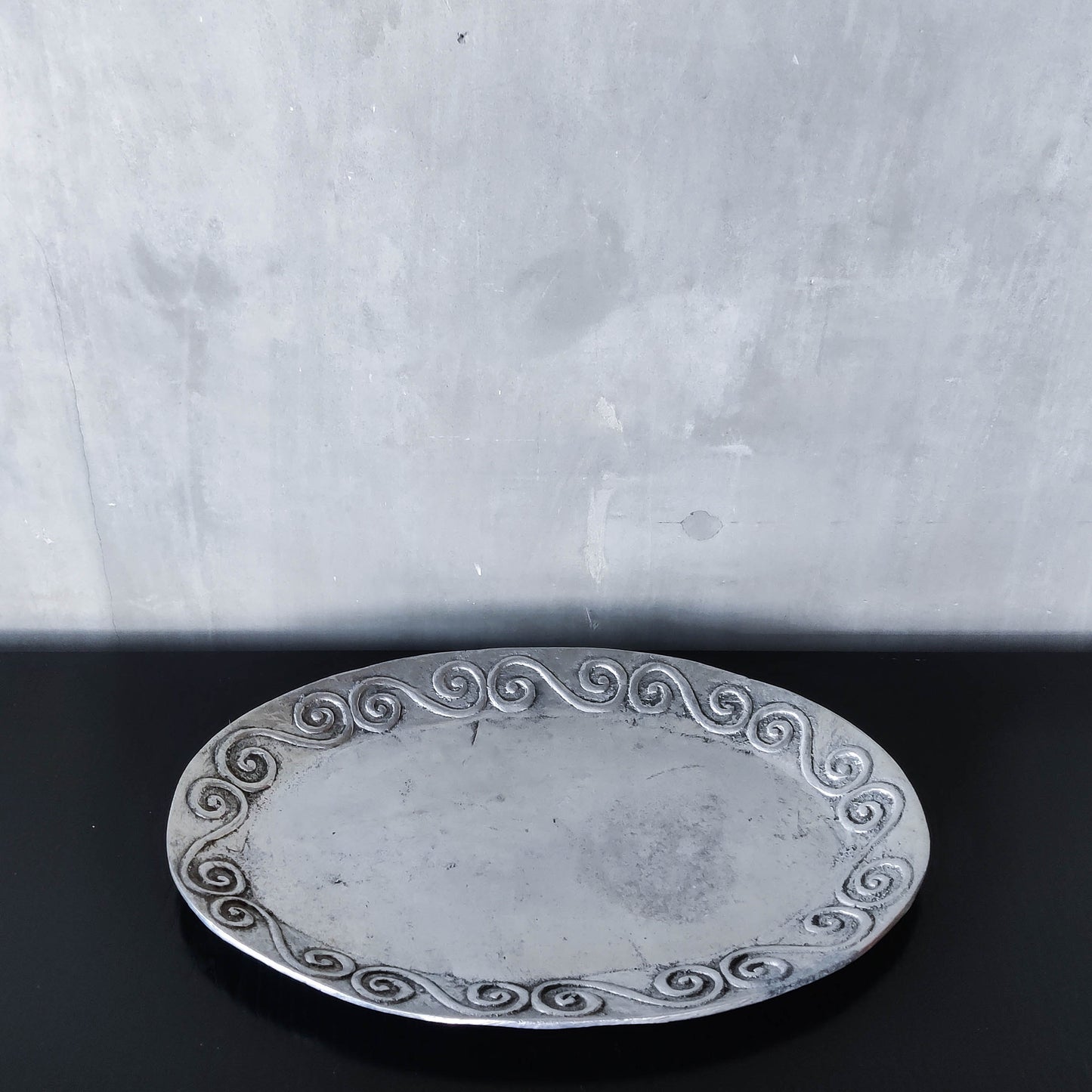 1990s hand cast aluminium silver metal scroll spiral platter centrepiece