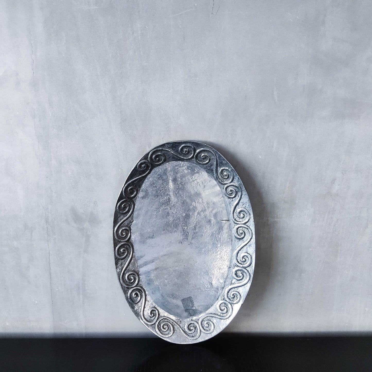 1990s hand cast aluminium silver metal scroll spiral platter centrepiece