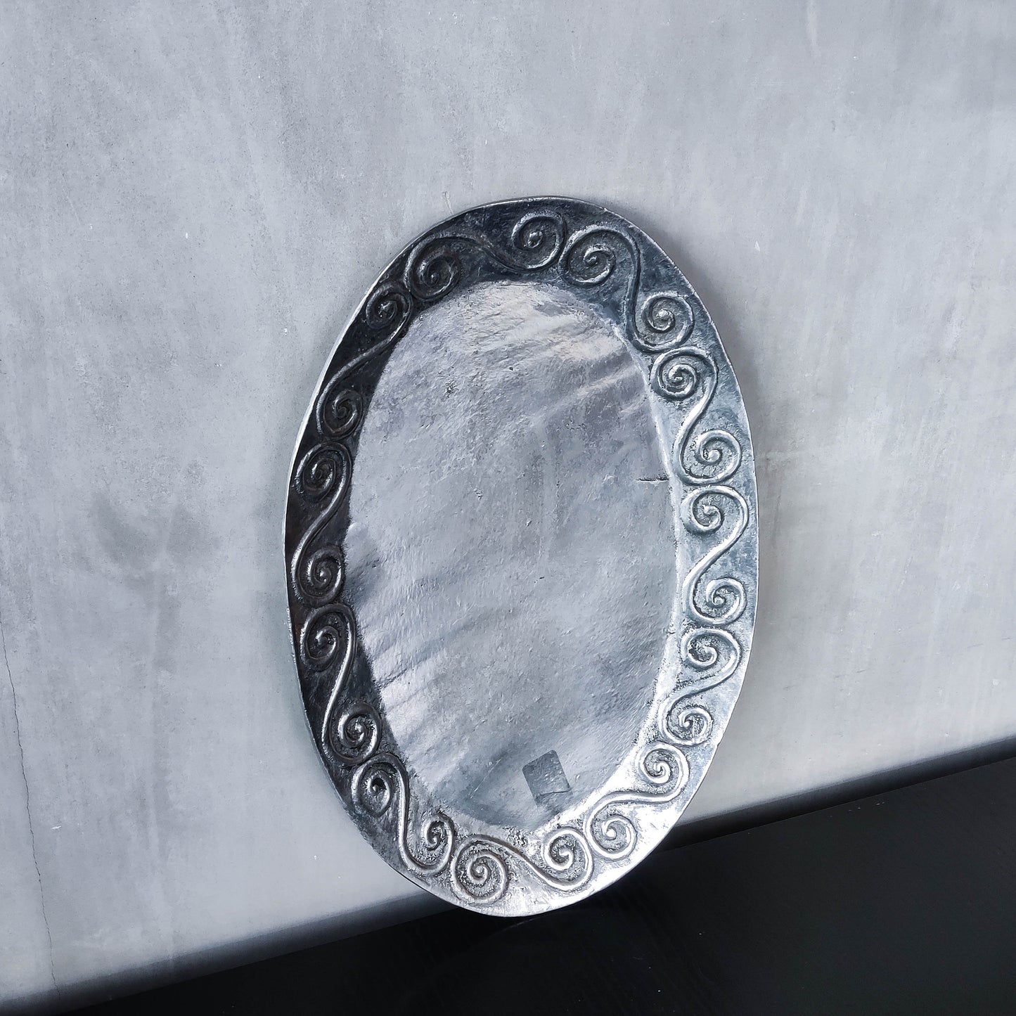 1990s hand cast aluminium silver metal scroll spiral platter centrepiece