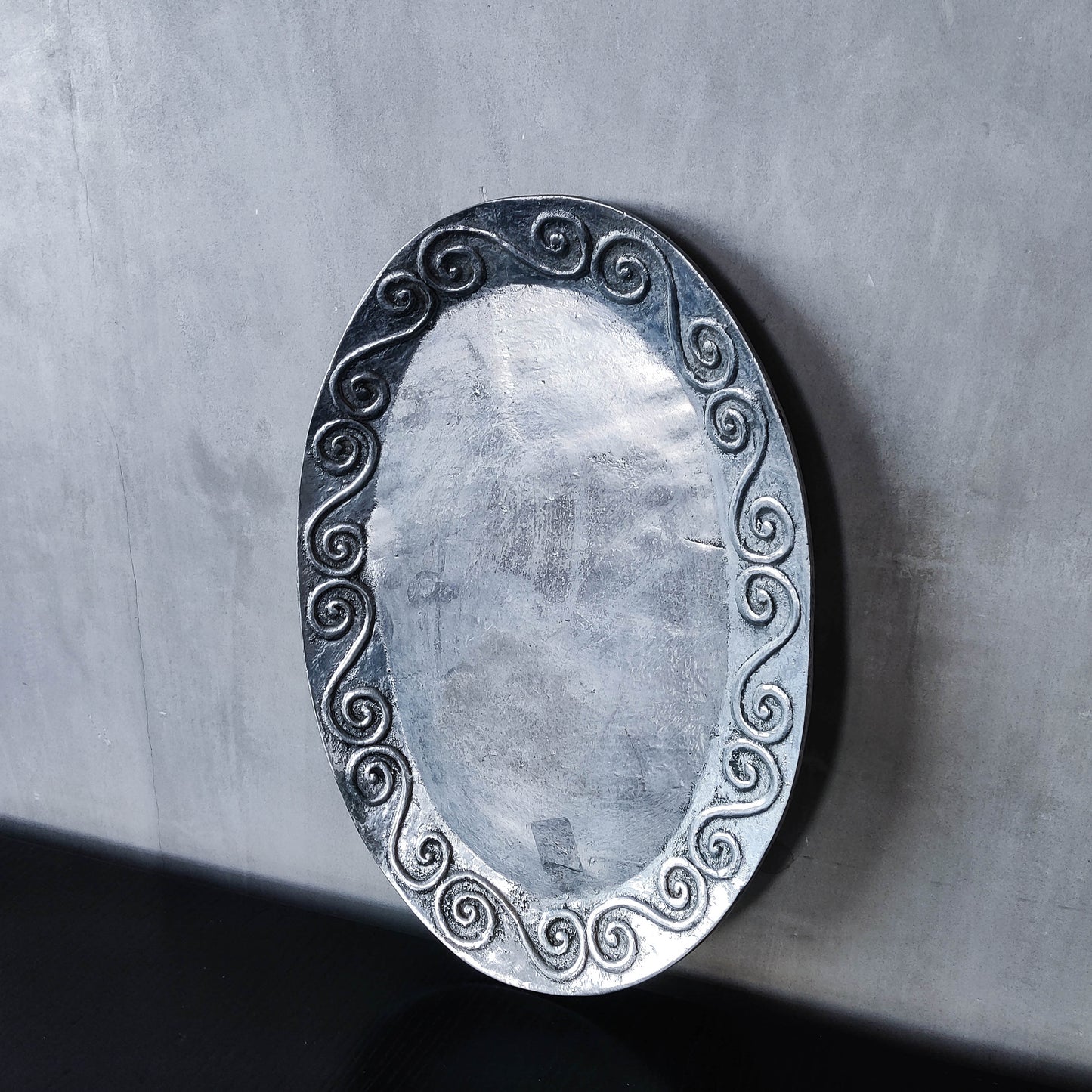 1990s hand cast aluminium silver metal scroll spiral platter centrepiece