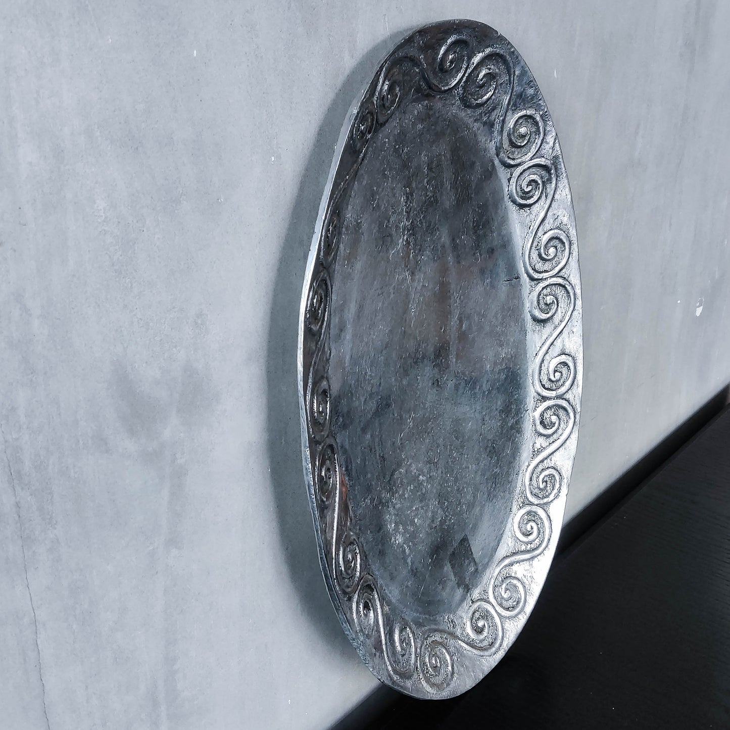 1990s hand cast aluminium silver metal scroll spiral platter centrepiece