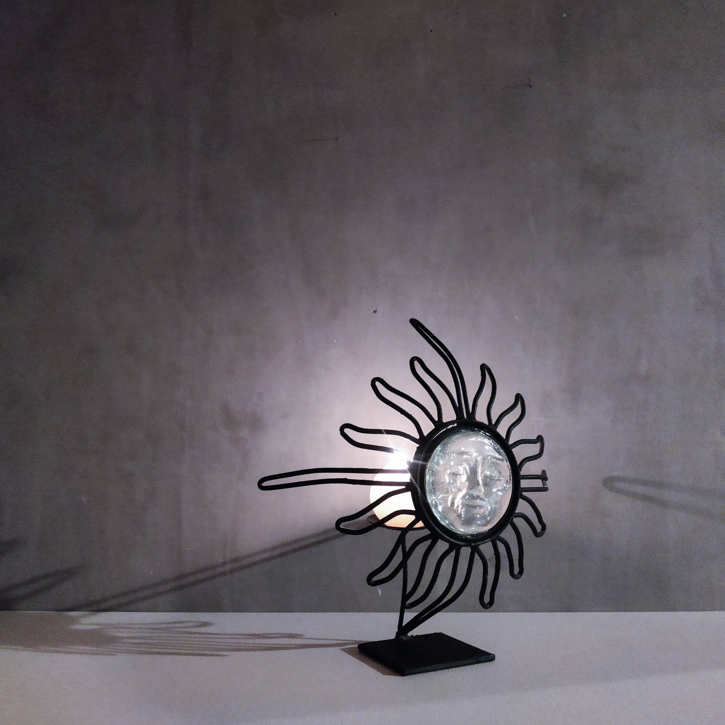 1990s celestial forged steel metal and cast glass sun face celestial candle holder