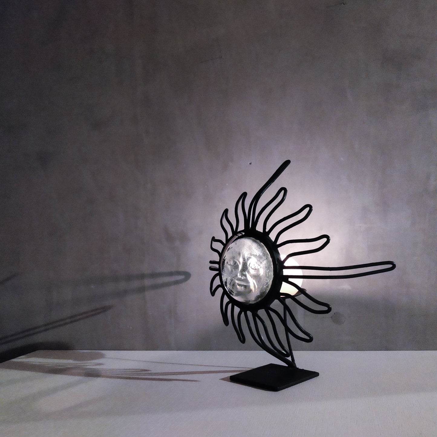 1990s celestial forged steel metal and cast glass sun face celestial candle holder