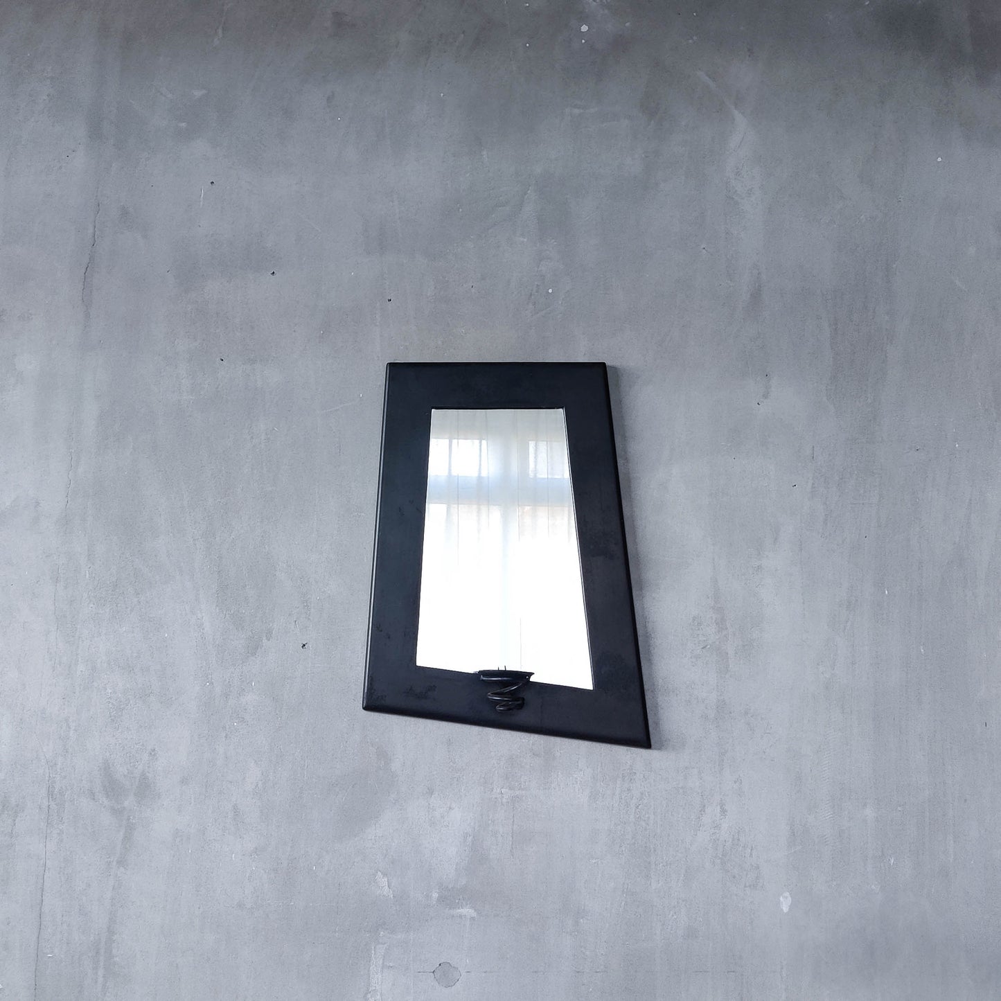 1990s handmade steel metalwork asymmetric mirror with candle sconce